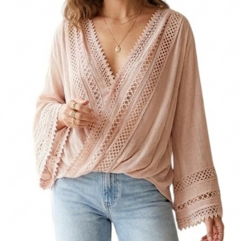 By Togther Blush Pink Laser Cut Lace Flounce Sleeve High Low Top